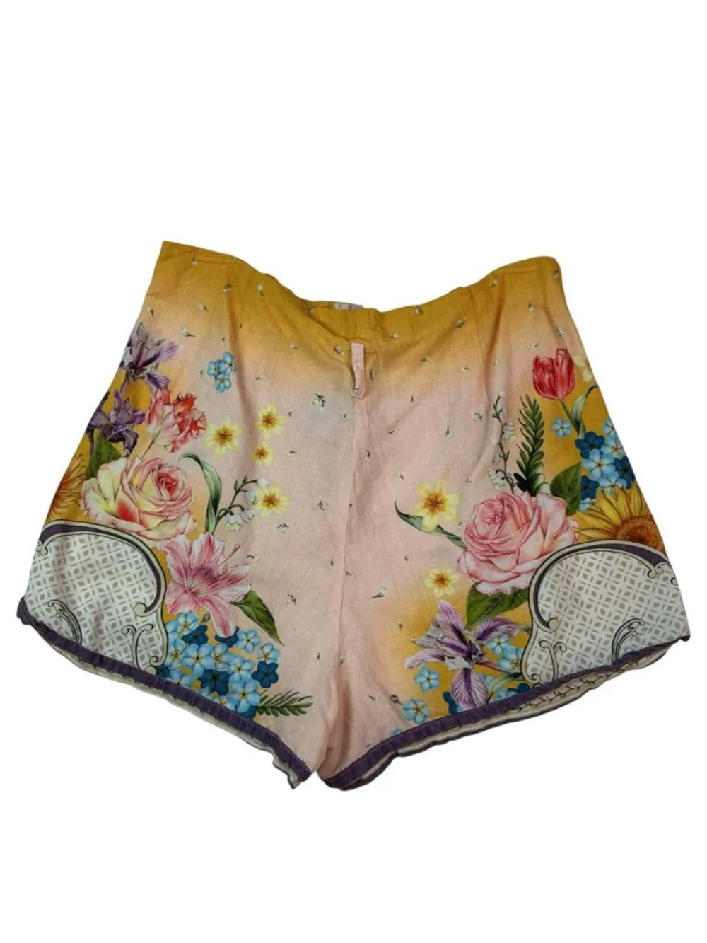 Agua Bendita Floral High-Waisted Shorts Handmade Womens Medium Pink/Yellow